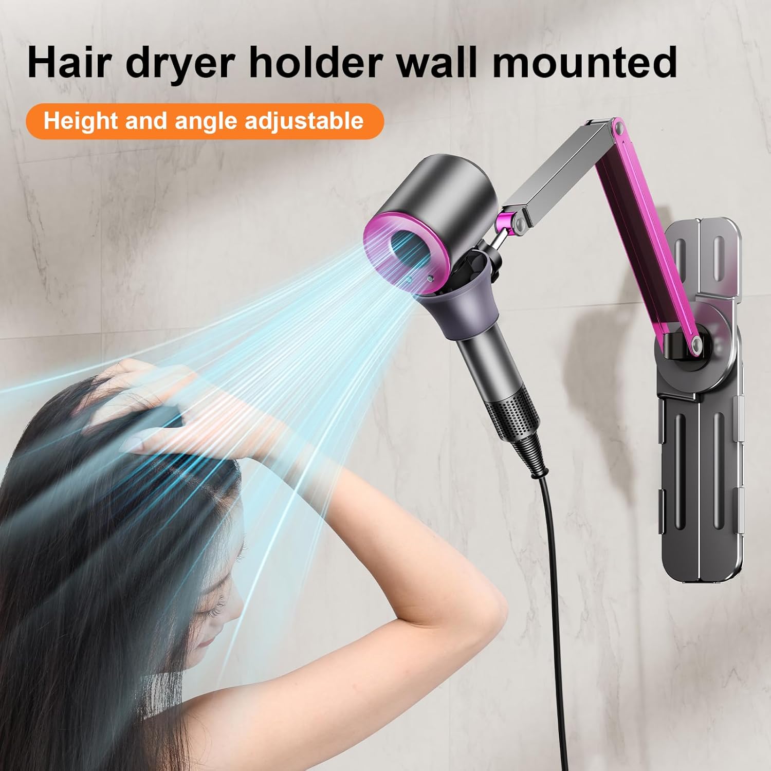 Adjustable Blow Dryer Holder Wall Mounted Storage,Bathroom Blow Dryer Holder,Height Angle,Metal Material Compatible with 99% Hair Dryer Hanger, Suitable for countertop use - Image 5