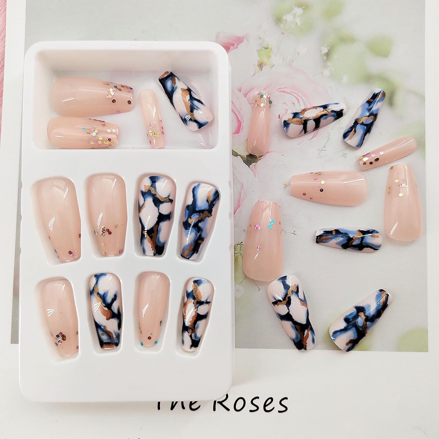 Coffin Press on Nails Medium Length Fake Nails Artificial False Nails with Blue Marble & Sequins Designs Glossy Acrylic Nails Nude Full Cover Glue on Nails for Women 24 Pcs - Image 2