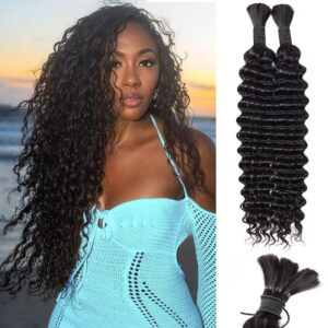 Human Braiding Hair 12A Deep Water Wave Bulk Human Hair 100g 18 Inch Curly Human Hair for Boho Braids Hair Extensions No Weft 2 Braids Per Pack Wet and Wavy Human Hair Braiding Hair Natural Black