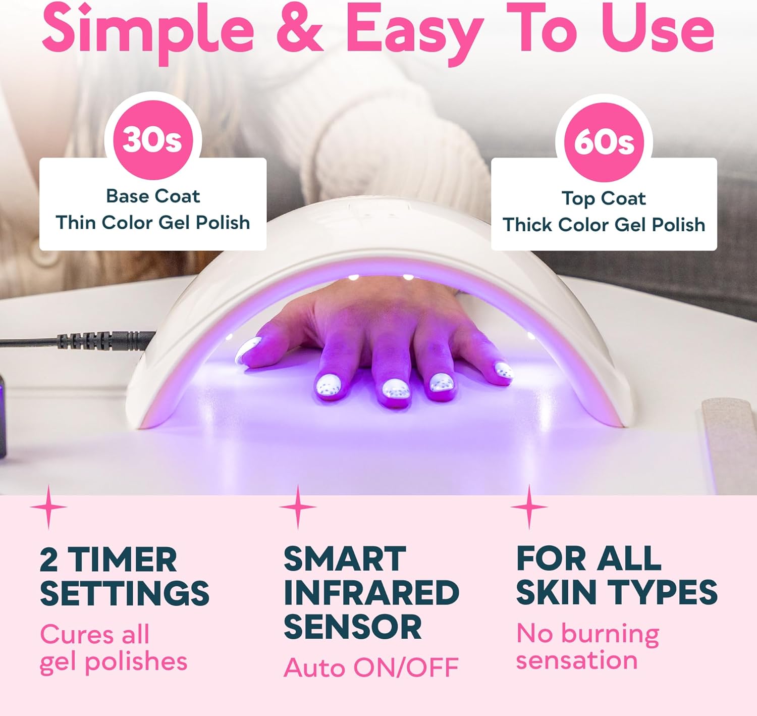 SUNUV UV Nail Lamp, Nail Dryer for Gel Nail Polish UV Light for Gel Nails with Sensor 2 Timers SUN9C Pink Gift for Women Girls - Image 2