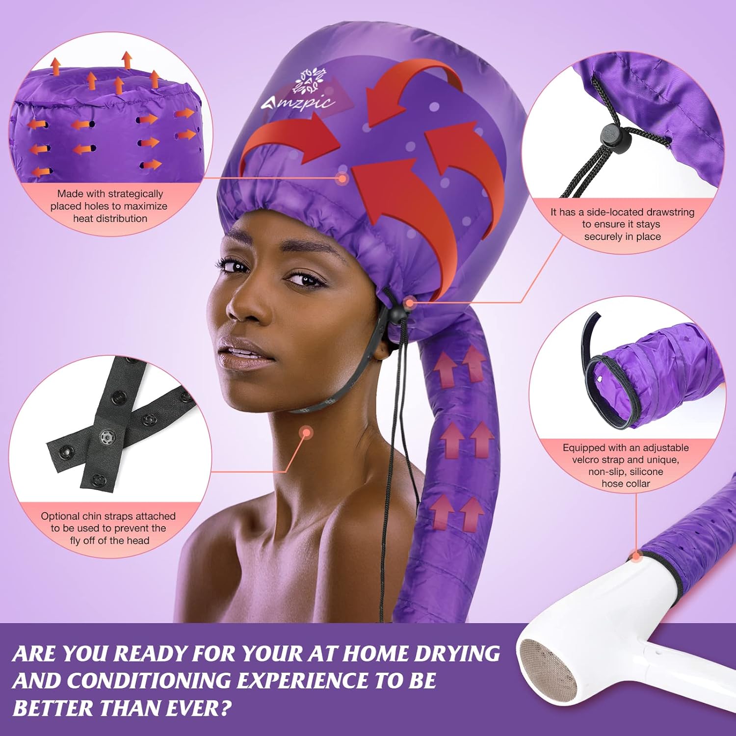 Bonnet Hood Hair Dryer Attachment - Soft, Adjustable Extra Large Bonnet Hair Dryer for Speeds Up Drying Time at Home, Easy to Use for Styling, Curling and Deep Conditioning (Purple) - Image 2