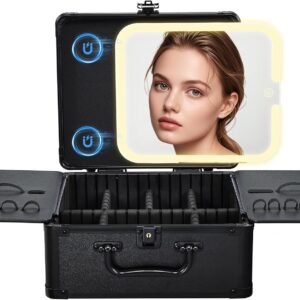 Makeup Case with Magnetic Lighted Mirror Makeup Organizer Box Travel Cosmetic Case with 3 Colors LED Mirror Portable Vanity Make up Suitcase with Lockable Keys Dividers Brush Holder, Black