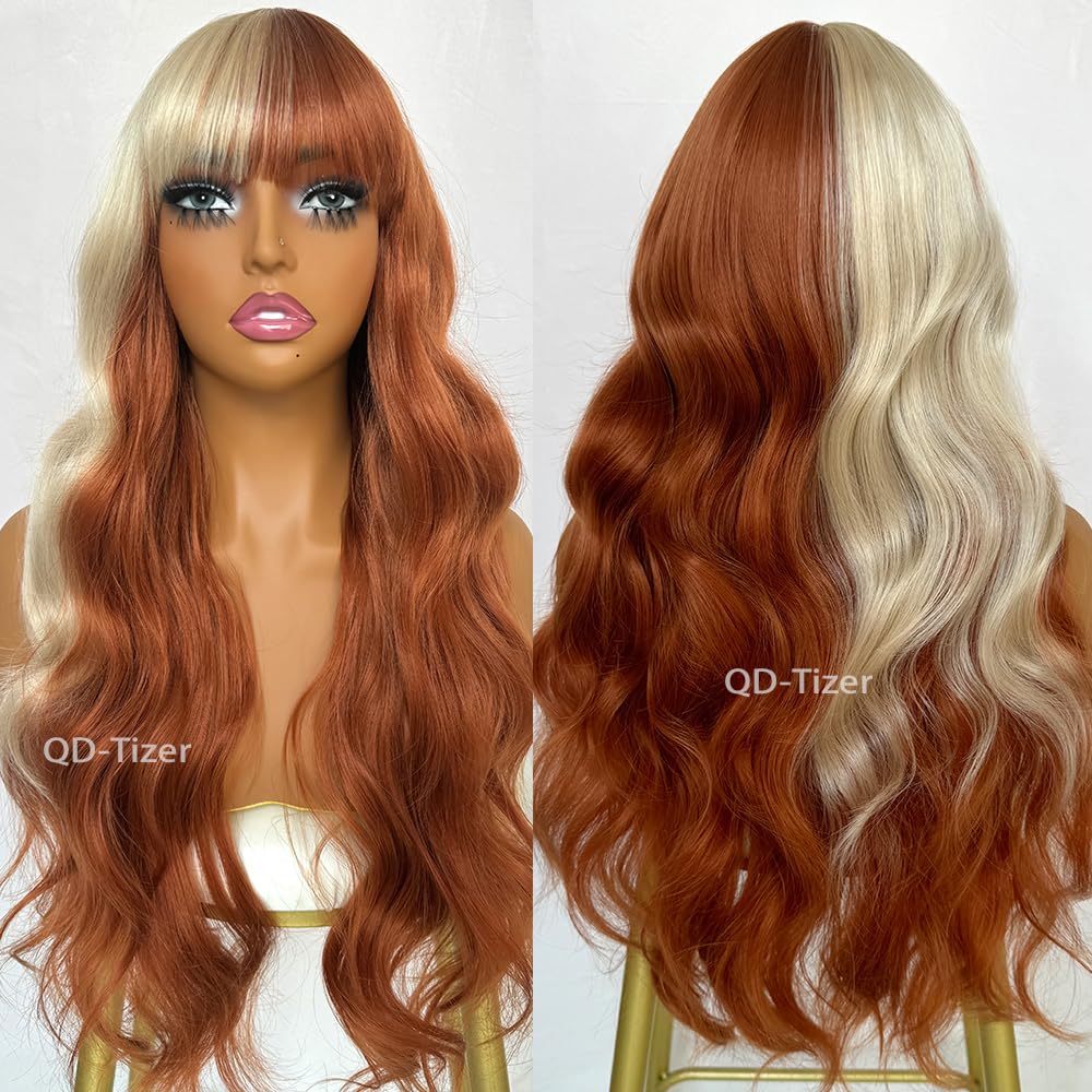 QD-Tizer Blonde and Copper Split Synthetic Hair Wig with Bangs Two Tone Hair Color Copper hair blonde highlights Long Wavy Curly Synthetic Wigs for Women Cosplay Party Wig Halloween Wigs - Image 3