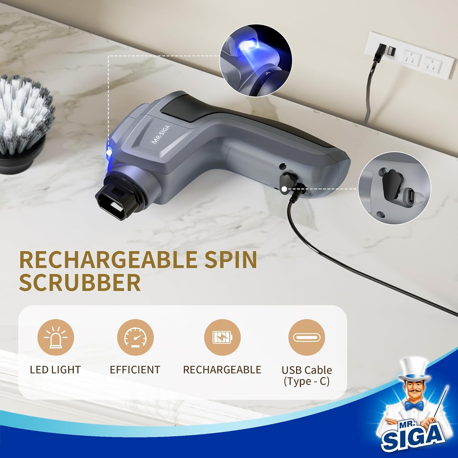 MR.SIGA Electric Spin Scrubber for Kitchen and Bathroom Cleaning, Waterproof Rechargeable Cordless Spin Scrubber with 5 Replaceable Cleaning Brushes and Pads - Image 7