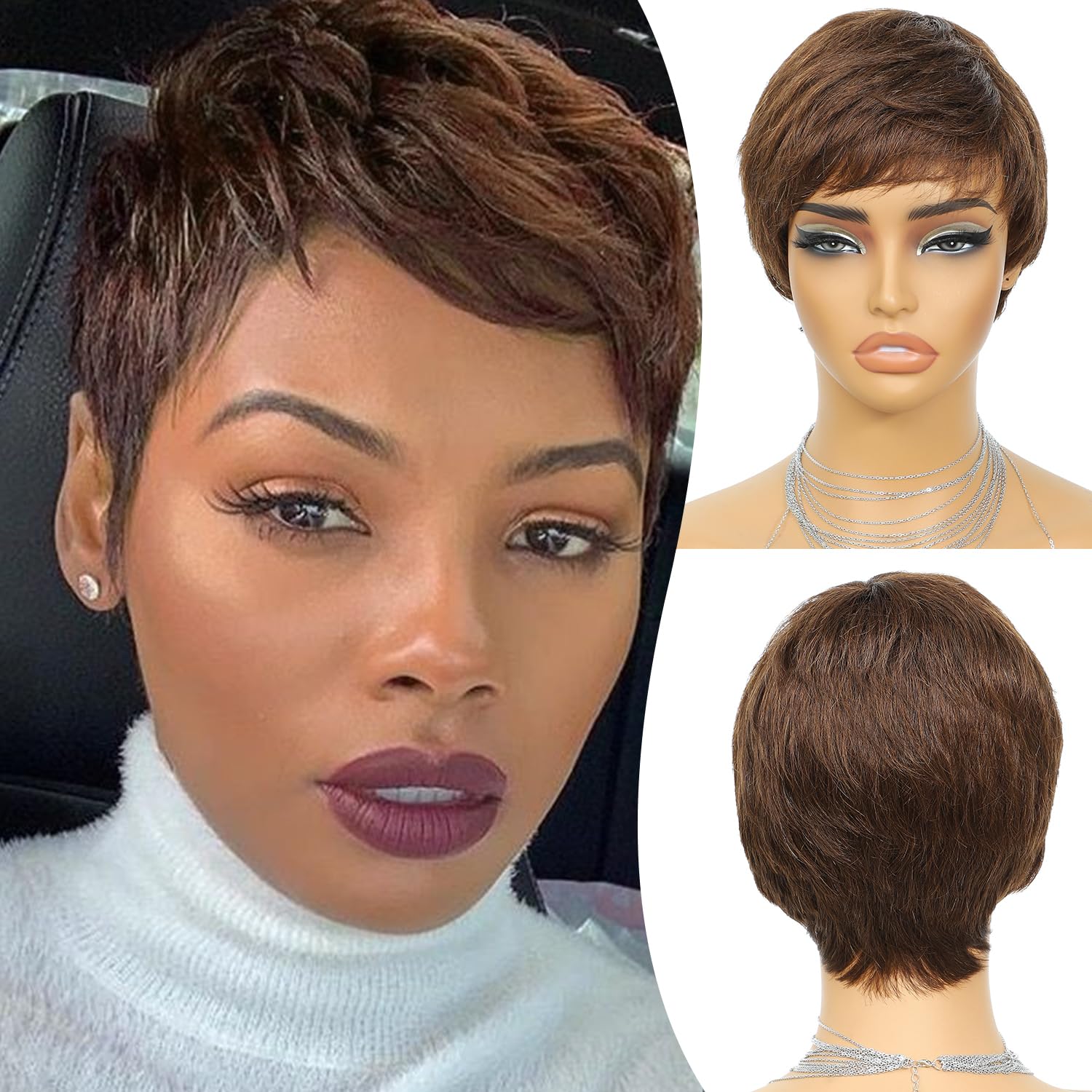 Pixie Cut Wig Human Hair Chocolate Brown Short Human Hair Wigs for Women Short Straight Hair Wigs with Bangs for Black Women Full Machine Made Wigs Brown Short Hair Glueless Wigs Human Hair (4#) - Image 4