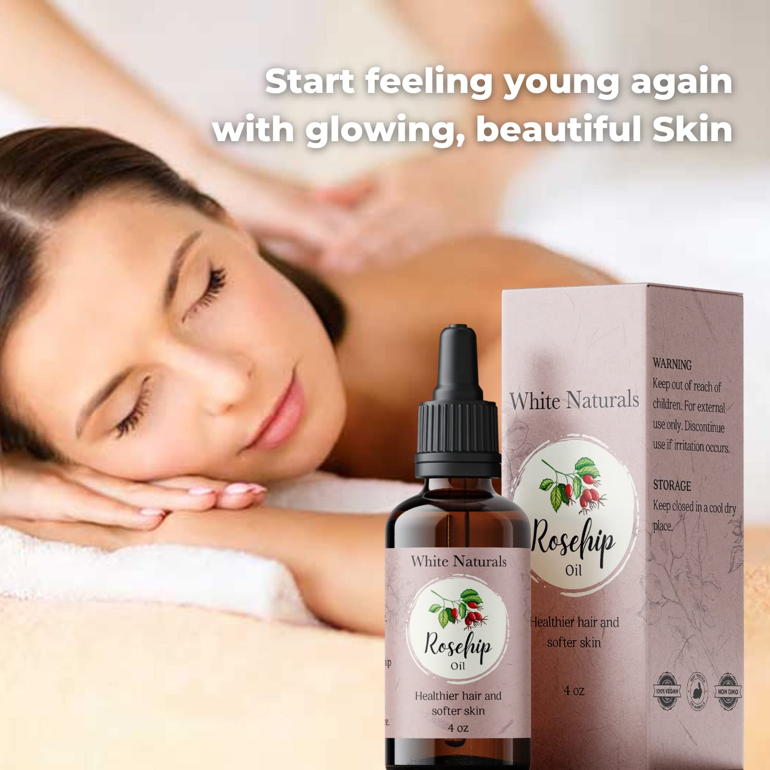 White Naturals Organic Rosehip Seed Oil Cold Pressed, Unrefined 100% Pure Rose Hip Carrier Oil, Natural Moisturizer For Body Face Hair Skin Massage & Nails, Facial Serum Anti-Aging Treatment 4 oz - Image 5