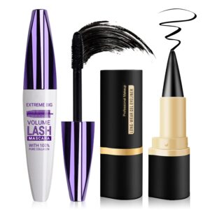 Black Gel Eyeliner Pencil and Mascara Tubing,Natural Black Eyeliner Cream Waterproof Smokey Eyeshadow Stick for Goth Makeup,Quick Dry Delineador de Ojos Contra el Agua - Set A