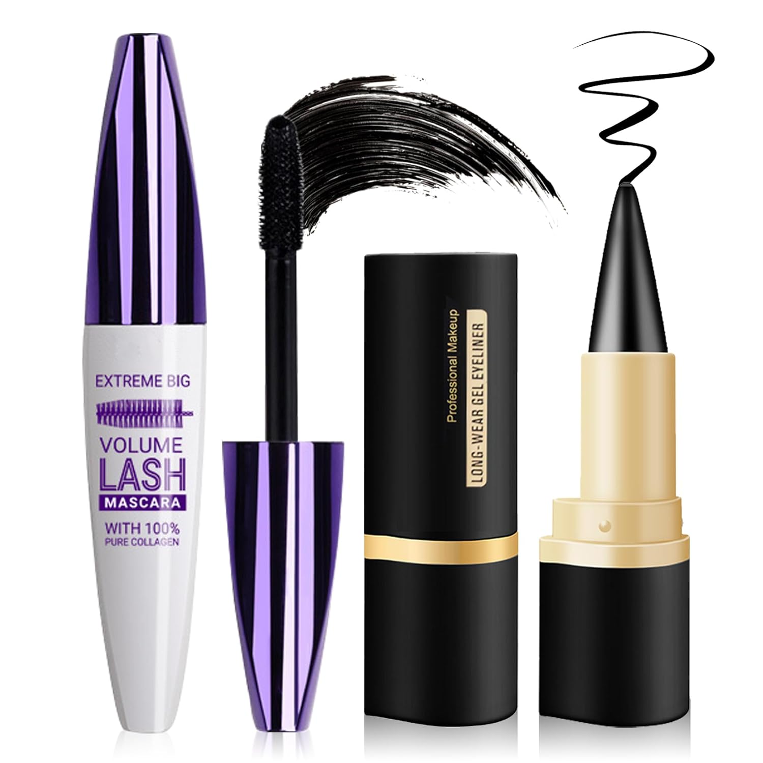 Black Gel Eyeliner Pencil and Mascara Tubing,Natural Black Eyeliner Cream Waterproof Smokey Eyeshadow Stick for Goth Makeup,Quick Dry Delineador de Ojos Contra el Agua - Set A