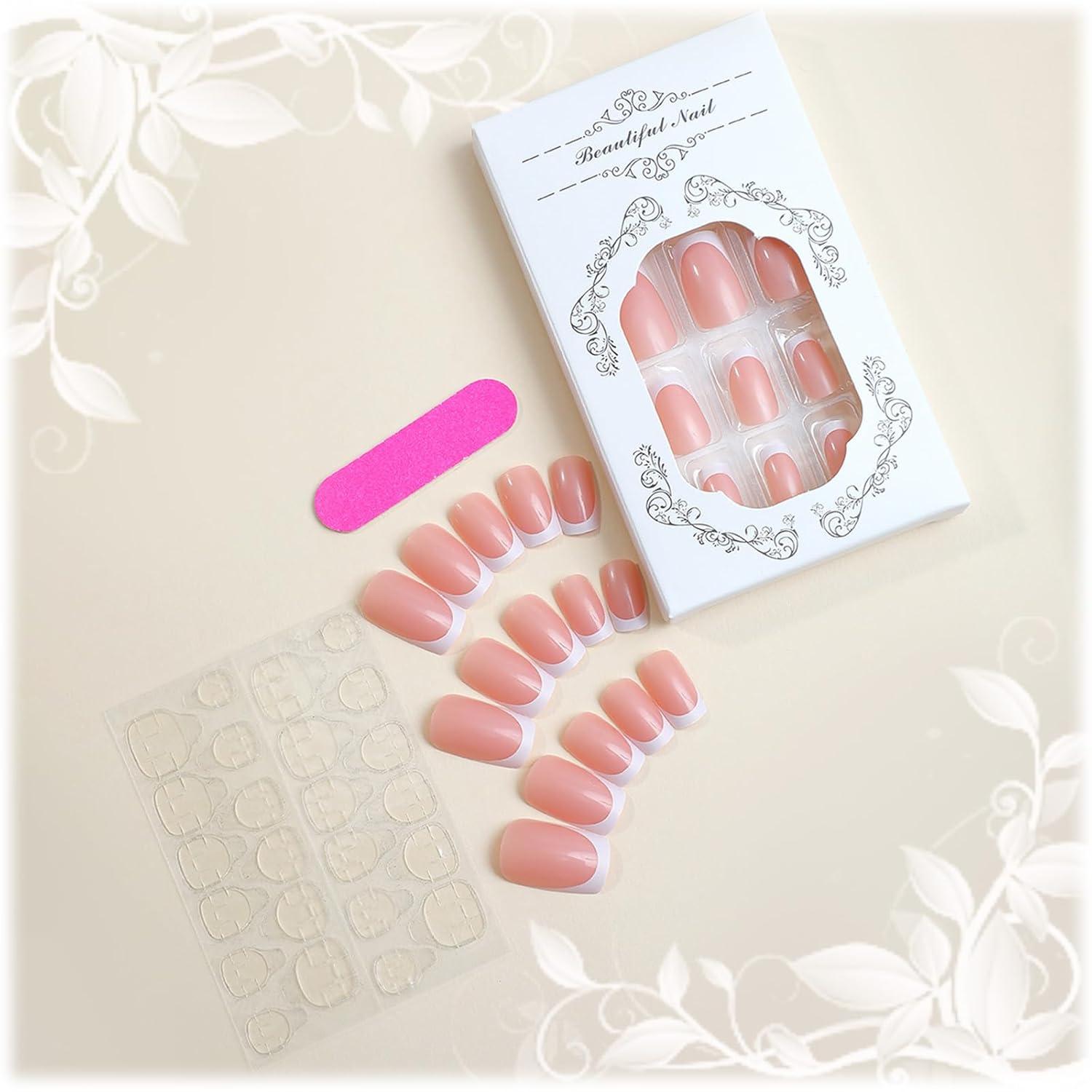 24Pcs White French Tips Press on Nails with Simple Design, Glossy Nude Medium-Short Square False Nails Gel Glue on Nails, French Manicure Art Acrylic Fake Nails Stick on Nails for Coquette Women Girls - Image 4