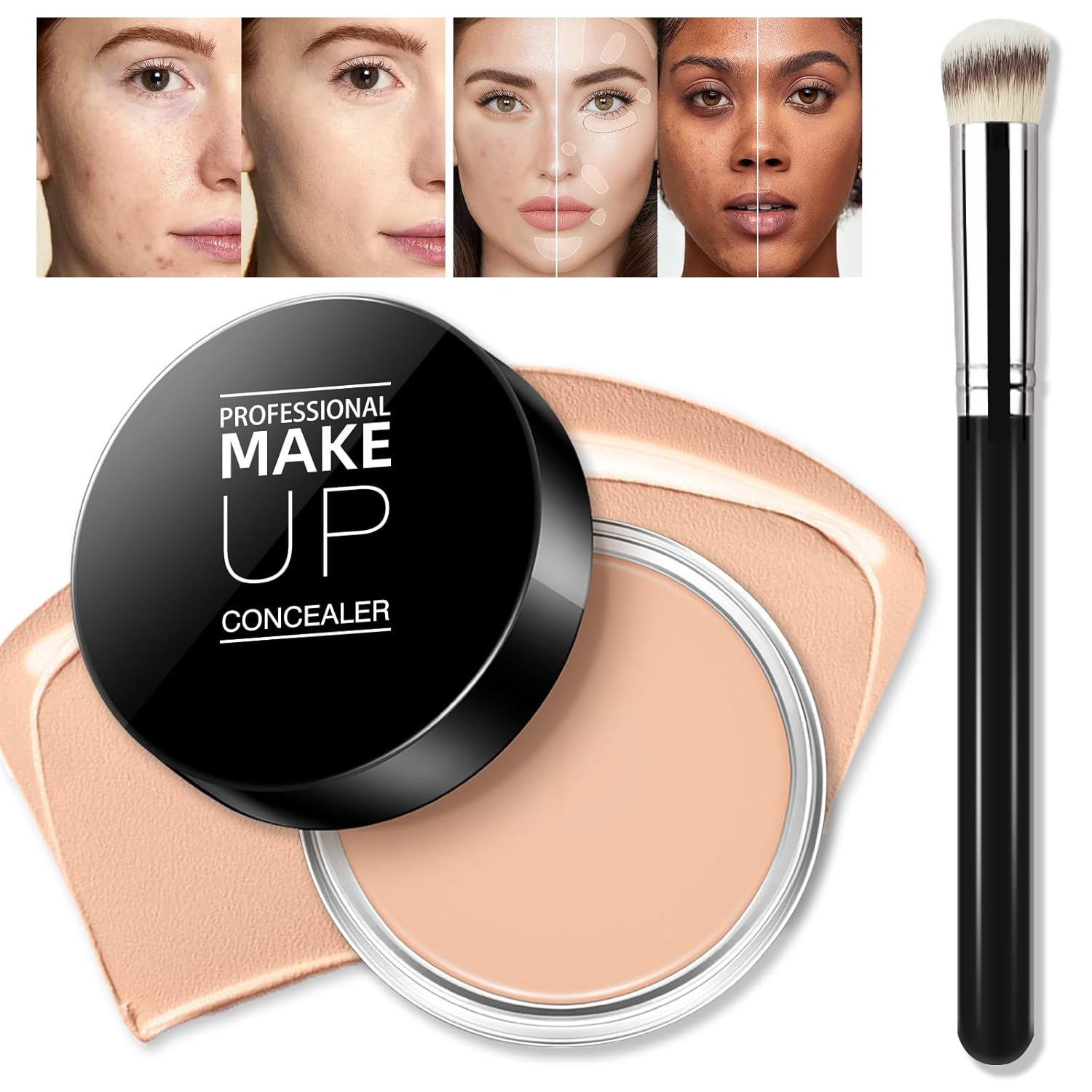 Cream Concealer Full Coverage Makeup, Matte Color Correcting Concealer with Brush, Waterproof, Conceals Blemish, Pores and Spots, Under Eye Makeup Concealer for Dark Circles (#03 NETURAL)