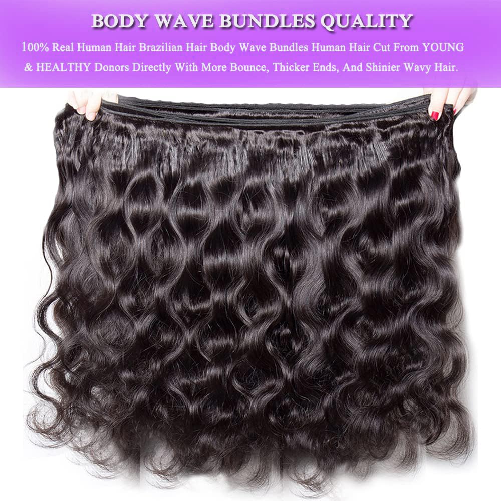ALLRUN Body Wave Bundles with Closure Human Hair 100% Unprocessed Brazilian Human Hair Bundles Body Wave with 4x4 Lace Closure Free Part Wavy Sew In Hair Extensions Black Color 14 16 18+12 Inch - Image 5