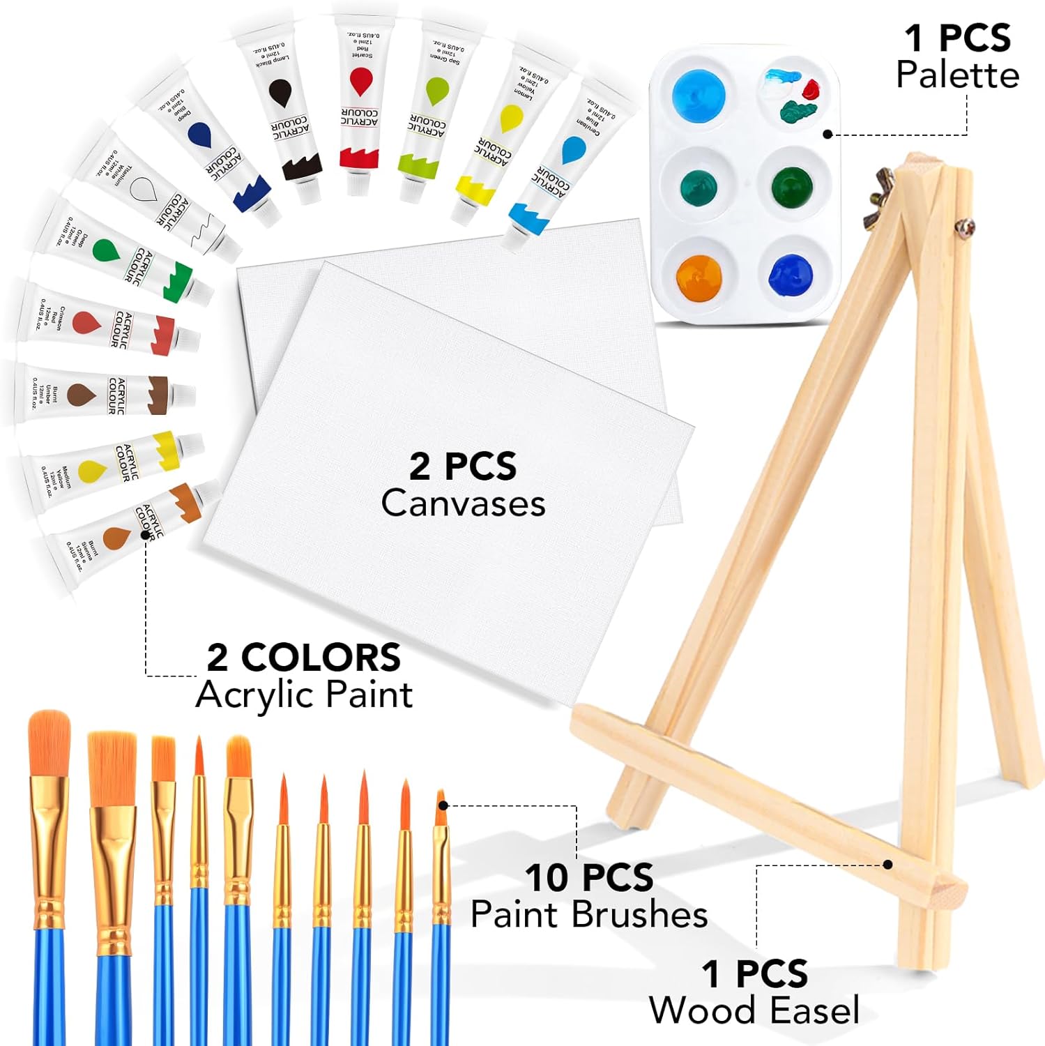 ESRICH 26PCS Acrylic Paint Set with 12Colors Acrylic Paints (12ml, 0.4 oz), 10 Paint Brushes, 2Canvas, 1 Wood Easel, 1 Plate, Painting Supplies Kits for Kids, Adults, Artists and Beginners - Image 2