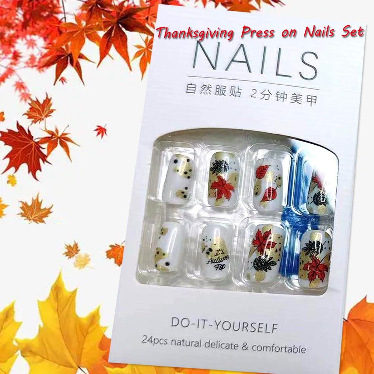 24Pcs Fall Press on Nails Short Maple Leaf and Letter with Designs, Full Cover Fake Nails Glossy Autumn Nail Tips Medium Square Shaped for Women Girls Nails Supplies Thanksgiving Decorations - Image 5