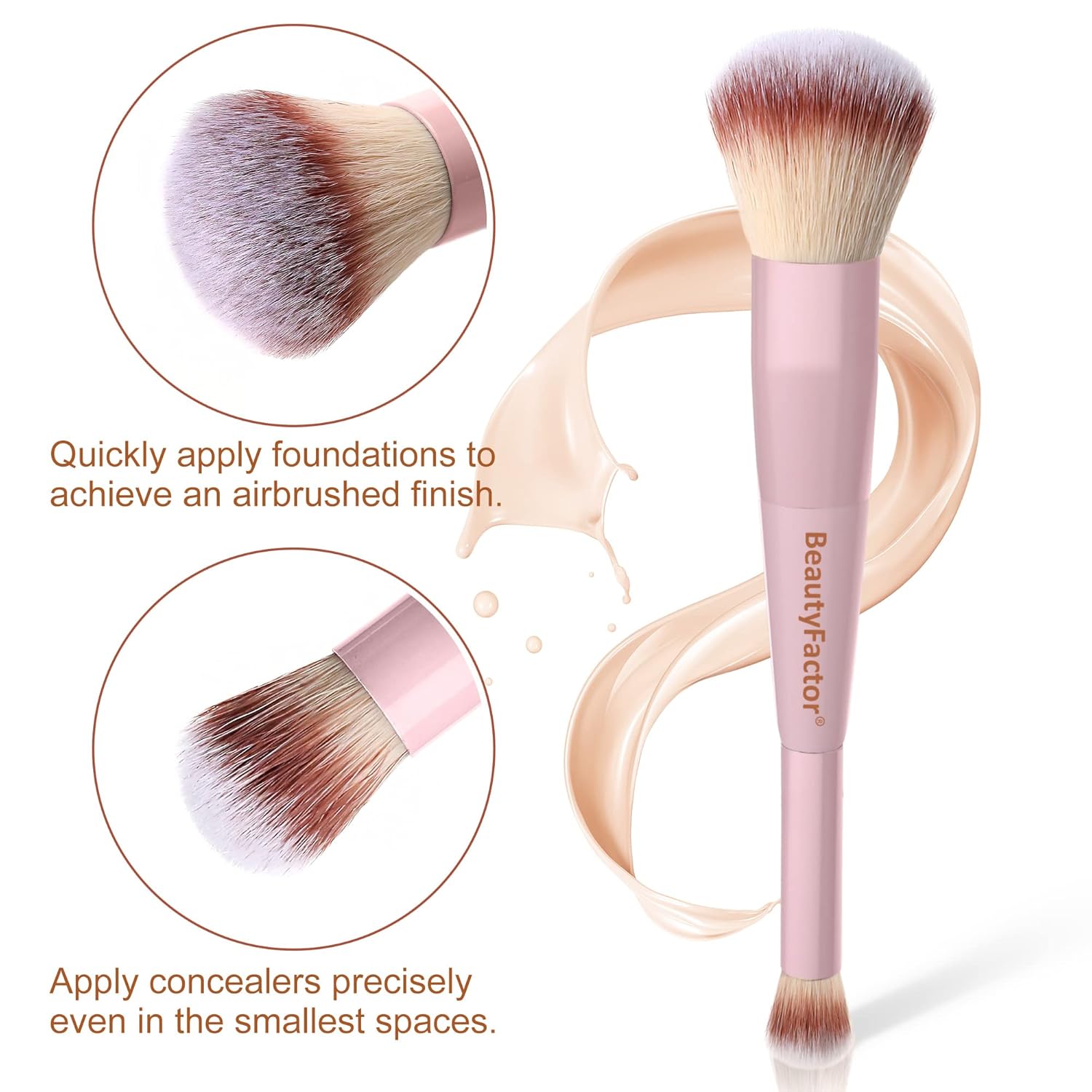 Makeup Brushes Set - 3 Piece Kabuki, Blush, and Concealer Blending Brushes with Sponge for Foundation, Cream, and Powder - Professional Quality, Soft Bristles for Flawless Application(Pink) - Image 3