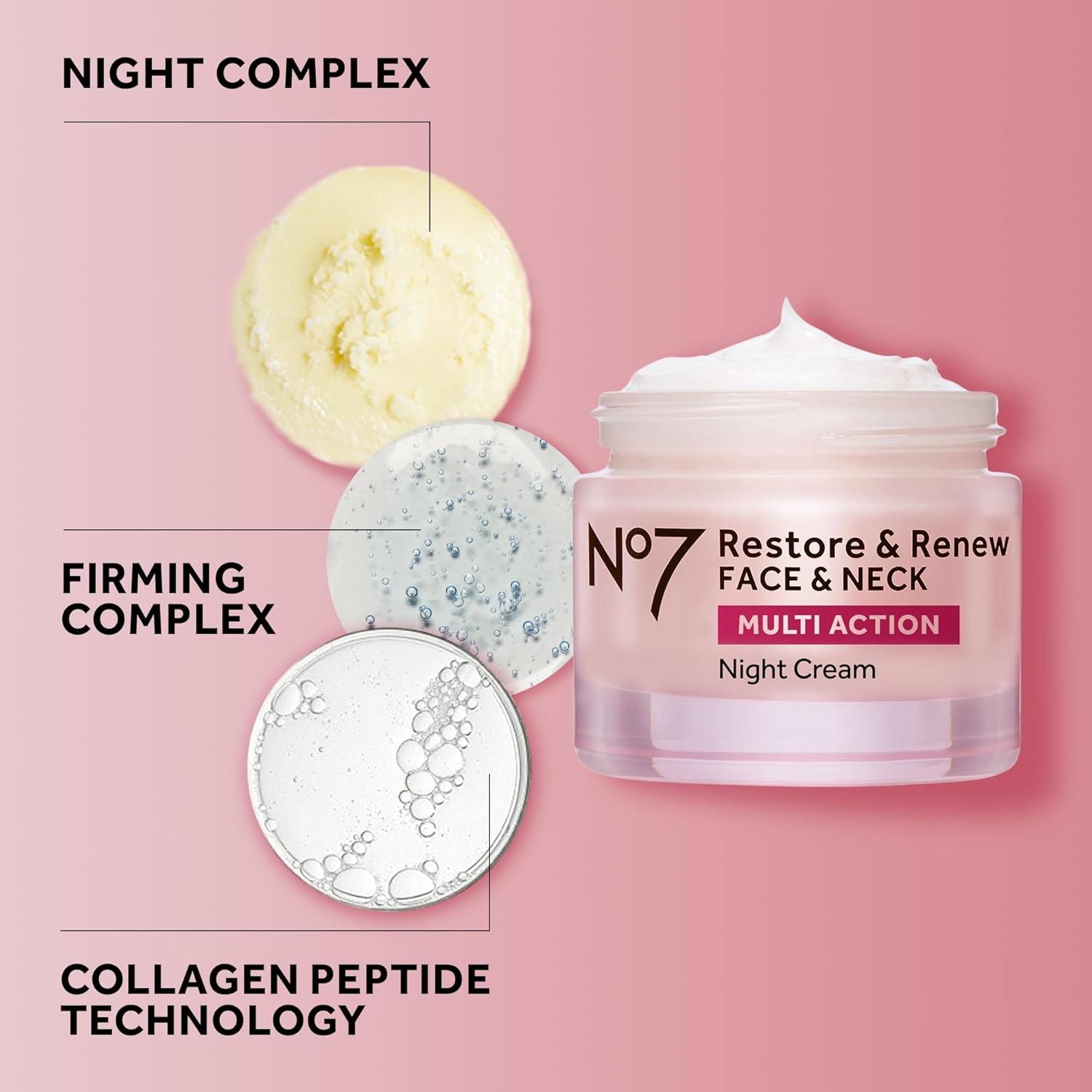 No7 Restore & Renew Multi Action Face & Neck Cream - Nighttime Collagen Peptide Facial Moisturizer - Anti Aging Face Cream Enriched with Hyaluronic Acid, Shea Butter + Vitamin E to Firm Skin (50ml) - Image 6