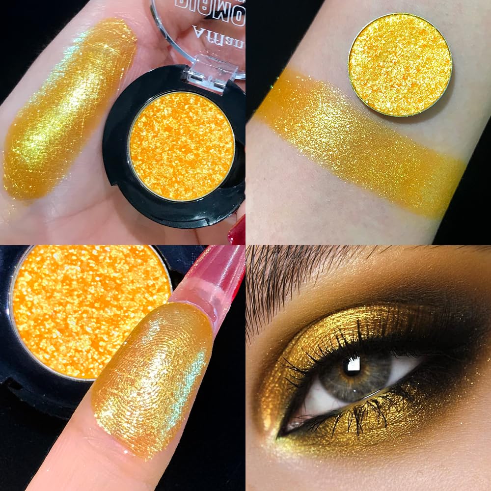 Afflano Yellow Glitter Eyeshadow Makeup, Single Diamond Gold Shimmery Eyeshadows, Super Pigmented Sunset Gold Glitter Yellow Eyeshadow One Swipe, Vibrant Metallic Eye Shadow Sparkly Eyelid Highlighter - Image 5
