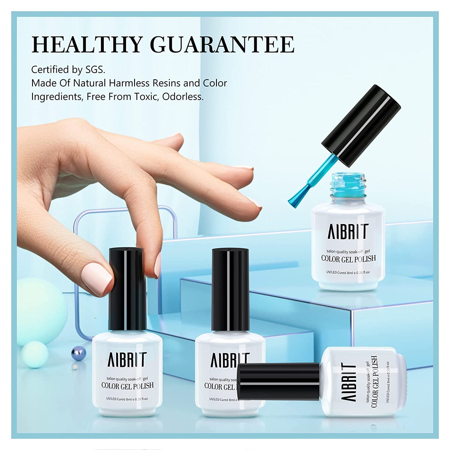 AIBRIT Gel Nail Polish Kit 24 Pack with Gel Strengthener Coat, Base Coat and No Wipe Glossy & Matte Top Coat, Spring Summer Pastel Pink Green Blue Yellow Glitters Nail Polish, Soak Off UV LED Gel Polish, 7 Colors Gel Gems and 3 Nail Atr Brushes for Manicure, 8ml/0.28fl oz - Image 6