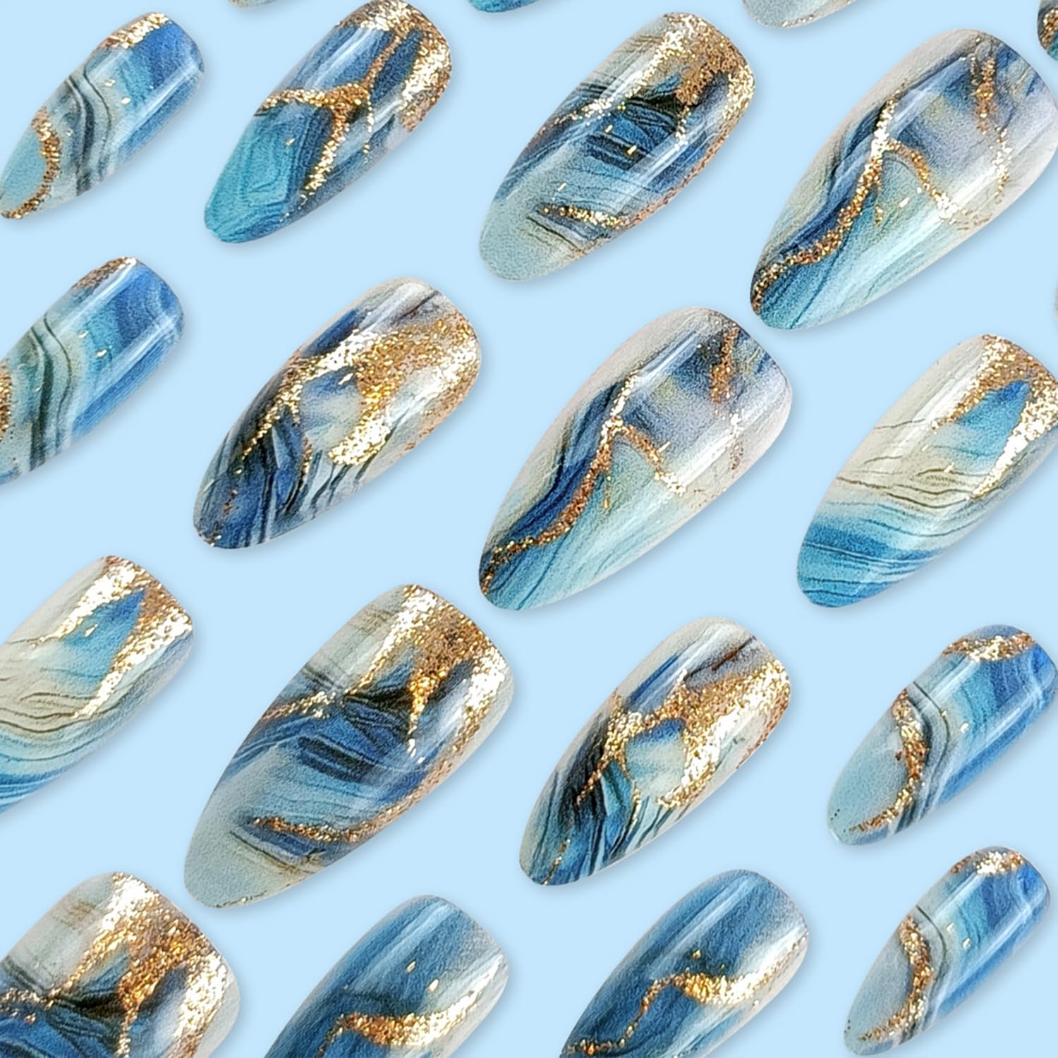 Blue Gradient Marble Press on Nails Gold Glitter Glue on Nails Long Almond False Nails Mirror Artificial Acrylic Nails for Women Girls - Image 3