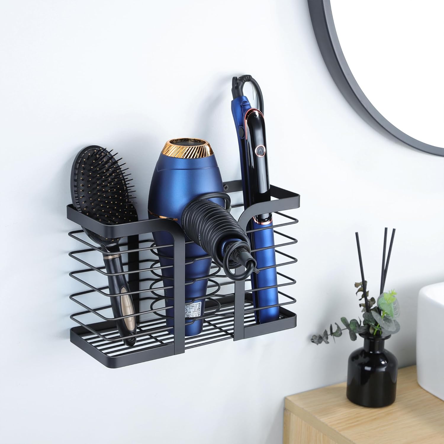 YIGII Hair Dryer Holder - Hair Tool Organizer 3-in-1 Blow Dryer Holder Adjustable Height, Bathroom Organizer Wall Mounted/Cabinet Door for Flat/Curling Irons, Hair Straighteners - Image 6