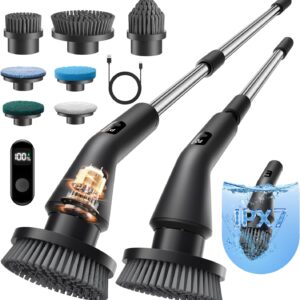 Leebein Electric Spin Scrubber, 2025 New Cordless Cleaning Brush Bathroom Scrubber, IPX7 Waterproof Shower Scrubber with 7 Brush Heads, Extendable Long Handle and 2 Speeds Scrubber for Bathtub Floor