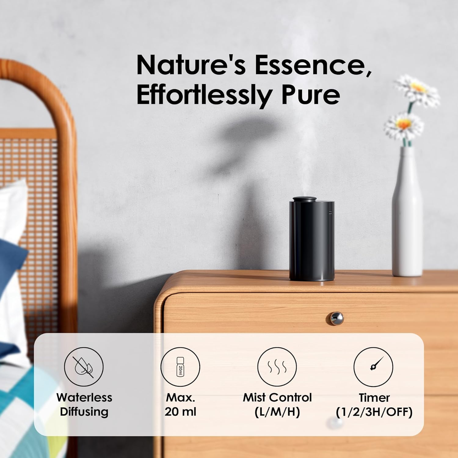 Waterless Diffuser for Essential Oil, Battery Operated Nebulizer, 0.7 Fl.Oz./ 20mL Capacity, Mini Scent Air Machine, 3 Countdown Timers & 3 Mist Levels for Home, Room, Car, Office - AN6 Black - Image 2