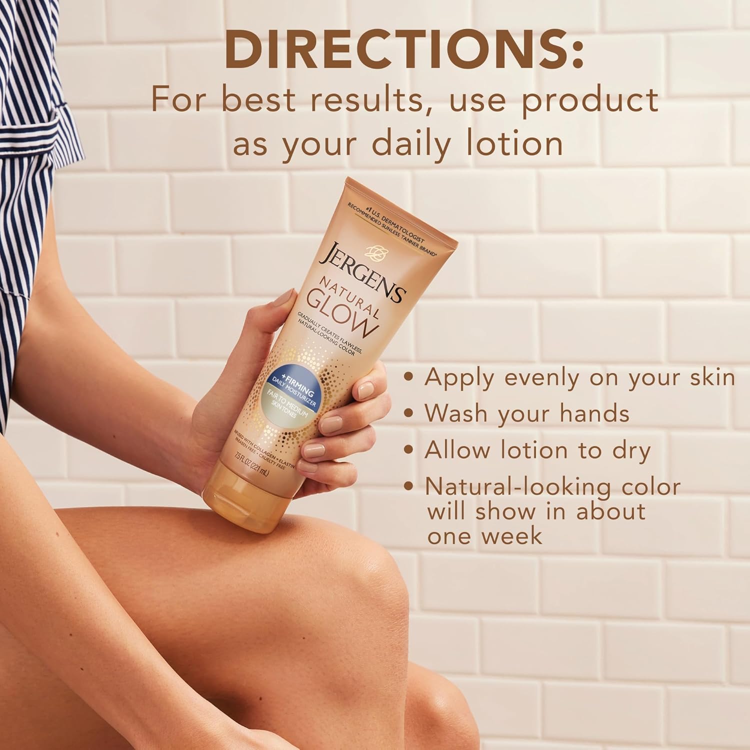 Jergens Natural Glow +Firming Self Tanner Body Lotion, Fair to Medium Skin Tone, Sunless Tanning Moisturizer with Collagen and Elastin. Helps to Visibly Reduce Cellulite, 7.5 Fl Oz (Pack of 2) - Image 10