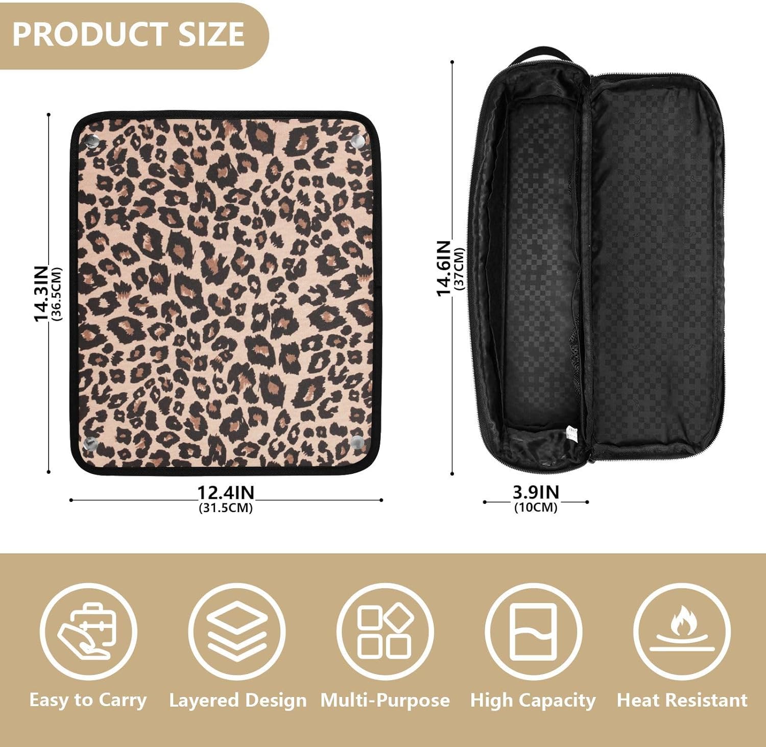 Leopard Print Brown Heat Resistant Travel Bag with Mat for Curling Irons - Image 4