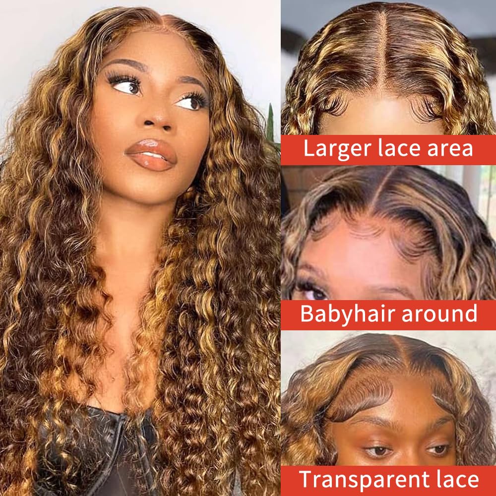 30inch Highlight Ombre Lace Front Wig Human Hair 13x6 HD Honey Blonde 4/27 Deep Wave Lace Front Wigs Human Hair 200 Density Glueless Wigs Human Hair Pre Plucked with Baby Hair - Image 2