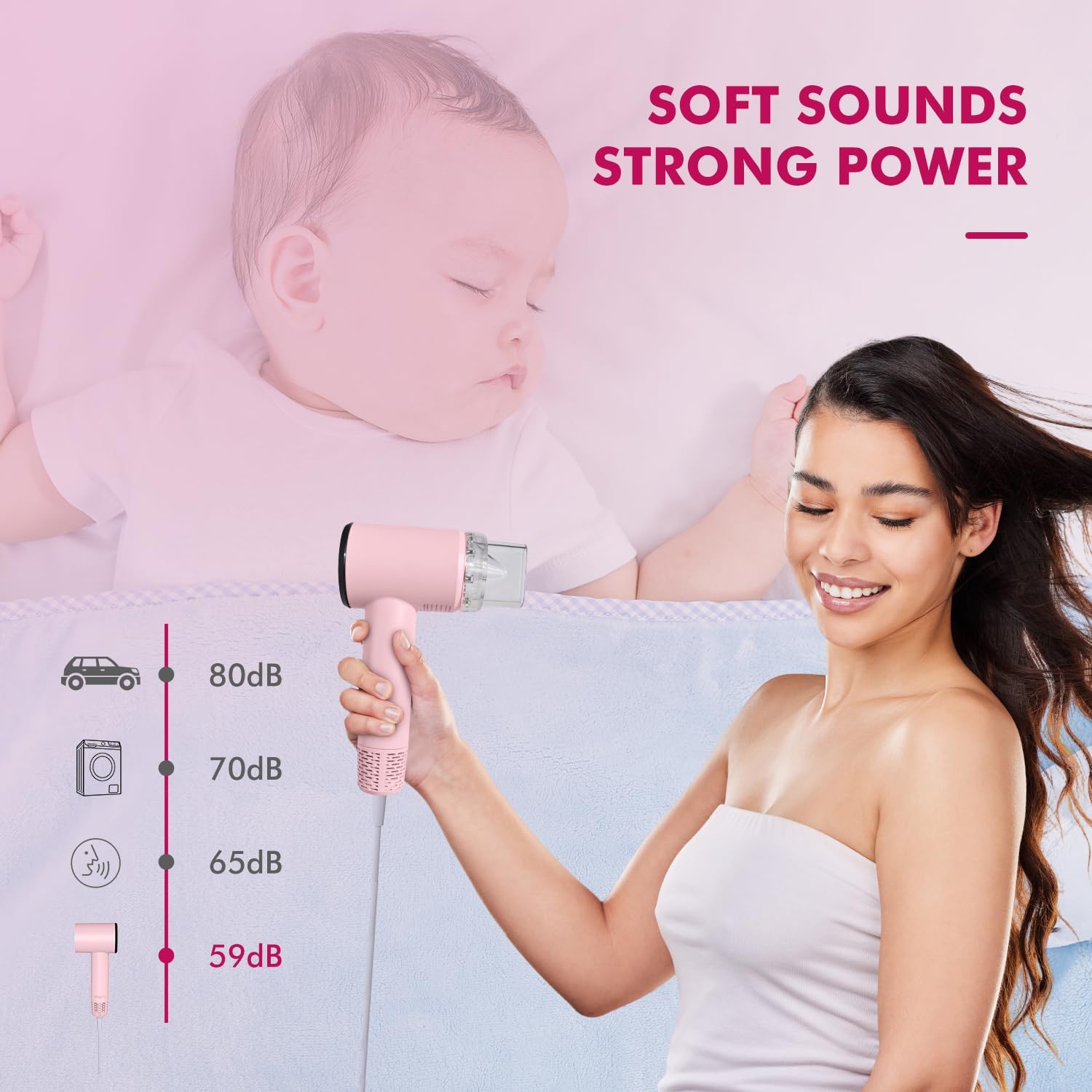 Pink Mini Travel Hair Dryer for Women, 110000 RPM High-Speed Compact Blow Dryer, Portable Fast Drying, Low Noise, Magnetic Nozzle - Image 7