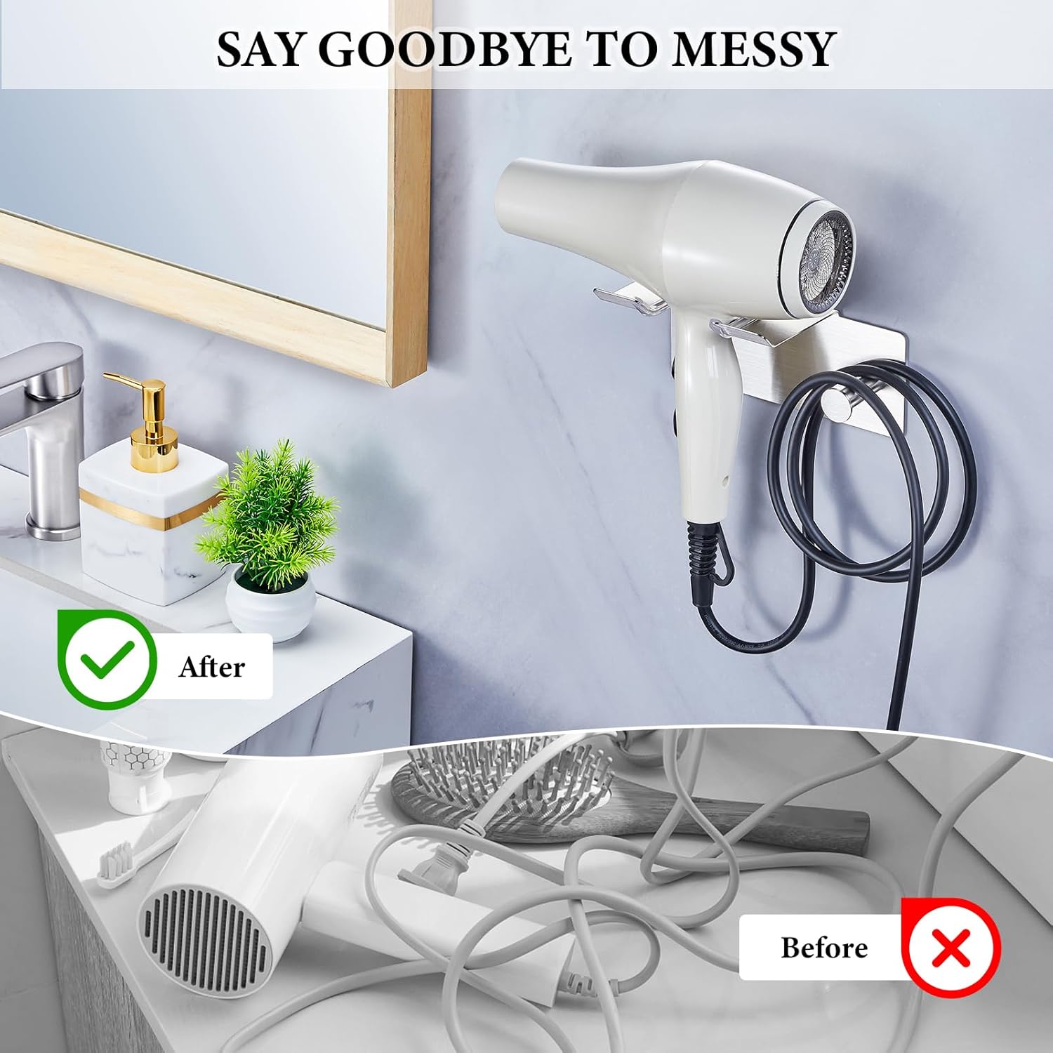 Hair Dryer Holder Wall Mounted, Stainless Steel Blow Dryer Holder, Hair Tool Organizer for Bathroom, Adhesive Hair Dryer Storage Organizer for Wall, Hanger for Hairdryer Blow Dryer - Image 7
