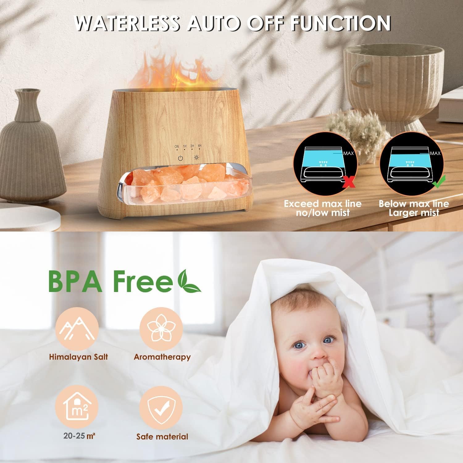 SALKING 2-in-1 Ultrasonic Essential Oil Diffuser & Himalayan Salt Lamp, Aromatherapy Diffuser Cool Mist Humidifier with Auto Off Function, 100% Pure Himalayan Pink Salt Rock, 150ml (Wooden Grain) - Image 6