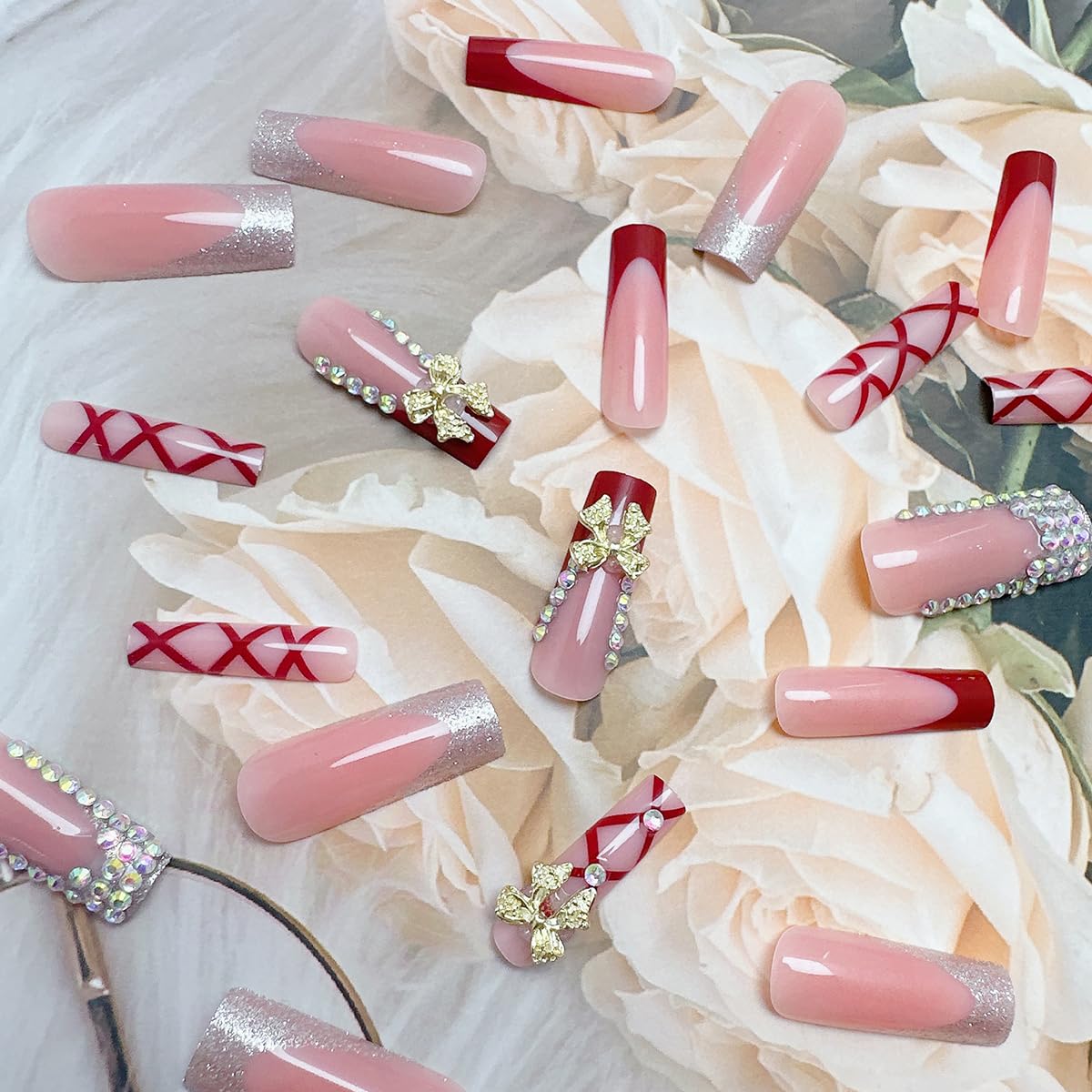 24Pcs Long Coffin Press on Nails Red French Tip Fake Nails with 3D Metal Bow Rhinestones Designs Spring Summer Acrylic Nails Full Cover French False Nails Bow Diamond Stick on Nails for Women - Image 3