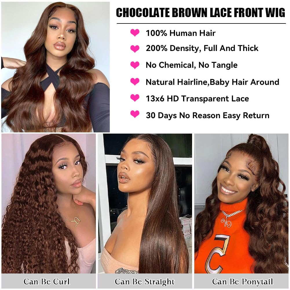 Chocolate Brown Lace Front Wig Human Hair 30 Inch 200% Density 13x6 Hd Transparent Body Wave Lace Front Brown Wigs Human Hair 4# Glueless Wigs for Women - Image 4