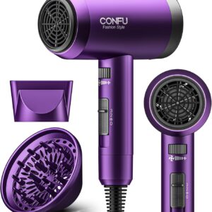 Hair Dryer with Diffuser, CONFU Ionic Blow Dryer 1600W, Portable Lightweight Fast Drying Negative Ion Hairdryer, 3 Heat Settings with Diffuser and Concentrator Nozzle for Home & Travel