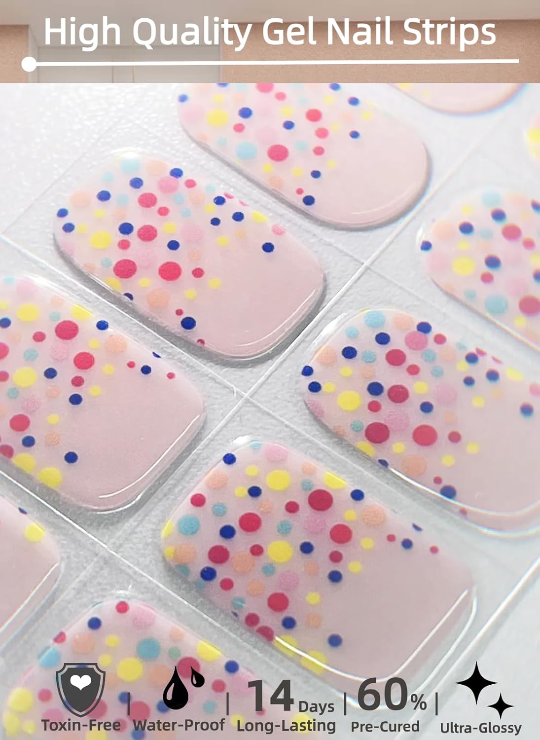 Semi Cured Gel Strips 20pcs Spring Wraps With UV Light, Long-Lasting & Easy to Apply Nail Stickers for DIY Art at Home (Party Dots) - Image 2