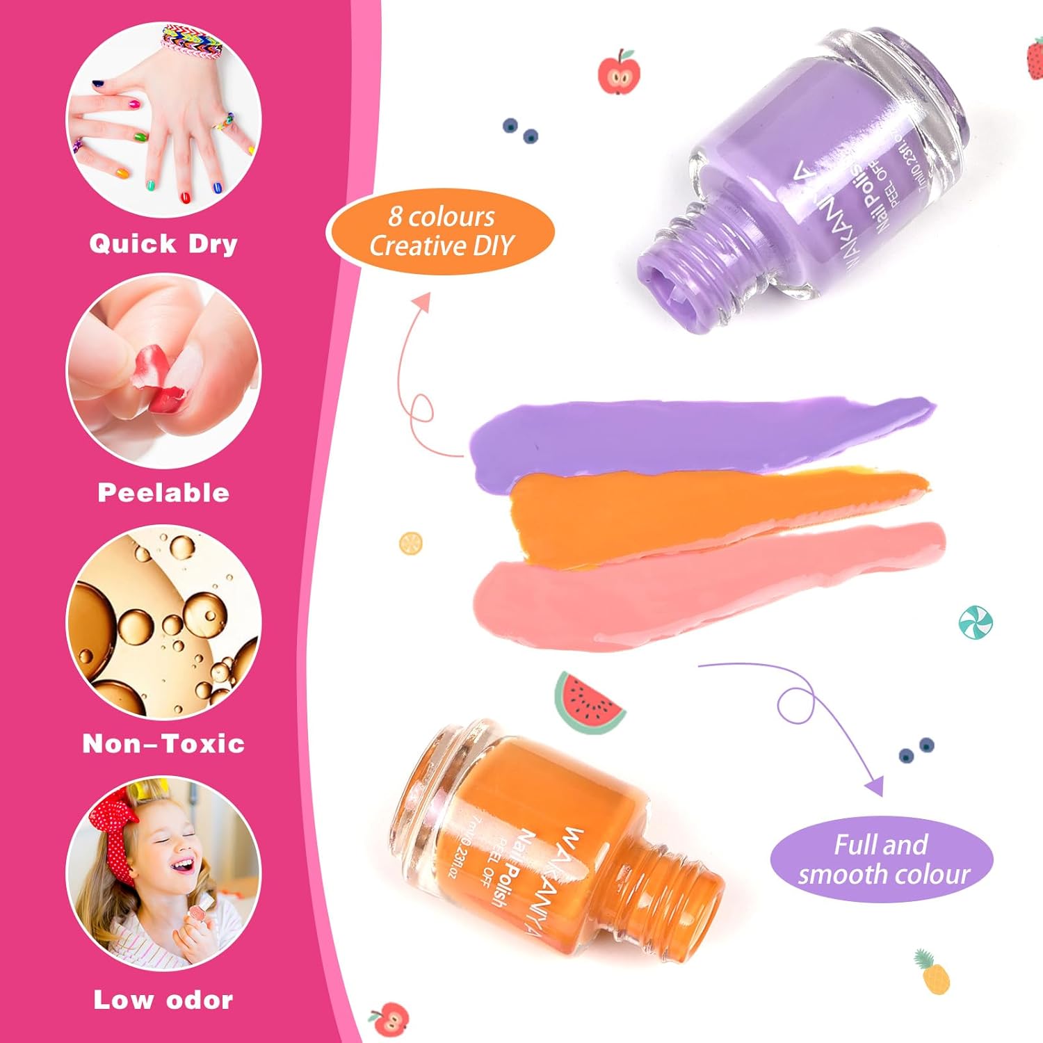 wakaniya Kids Nail Polish Non Toxic Quick Dry Peel-Off Mini Toddler Nail Polish Kit with Gems Stickers 8 Colors Girls Nail Set - Image 3