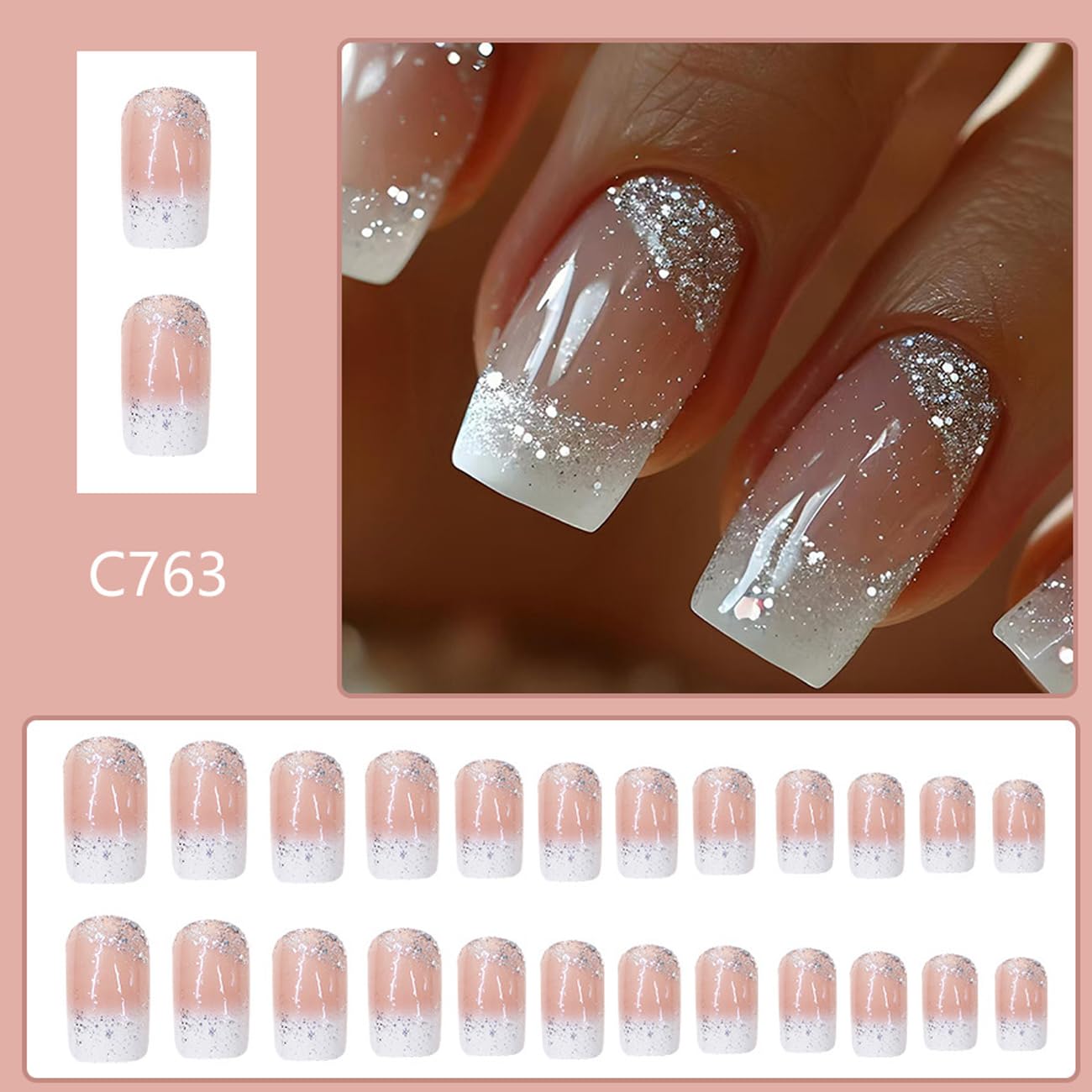White French Tips Press on Nails Short Square Fake Nails Silver Glitter Acrylic Sparkly False Nails Glitter Stick on Nails Reusable Full Cover Artificial Nail for Women DIY Nail Art Decoration 24Pcs - Image 7