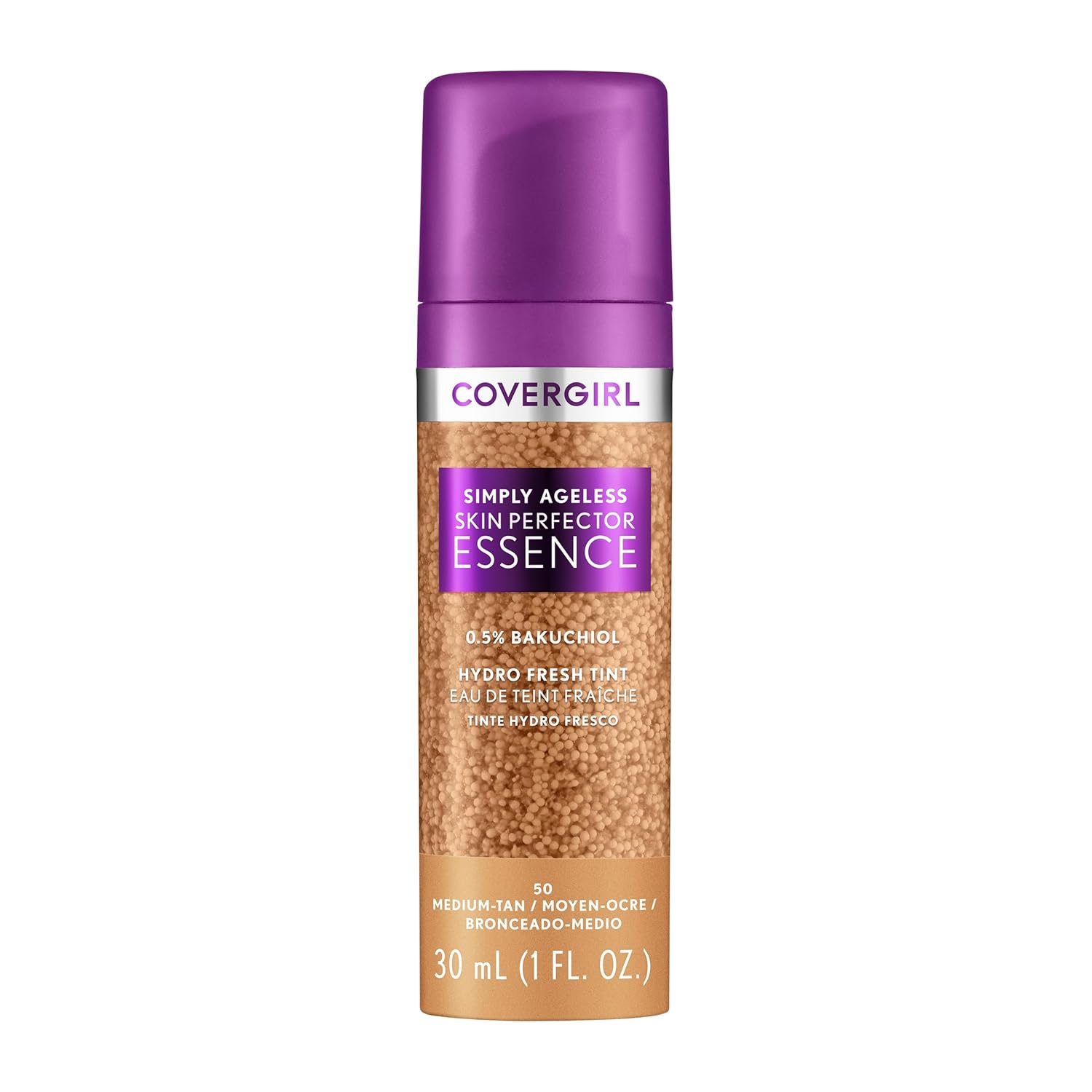Covergirl Simply Ageless Skin Perfector Essence Foundation, 50 Medium-Tan, Tinted Skincare Makeup Hybrid, Sheer Tint, Radiant Finish, Glowy Finish, Vegan Formula, 1.0oz