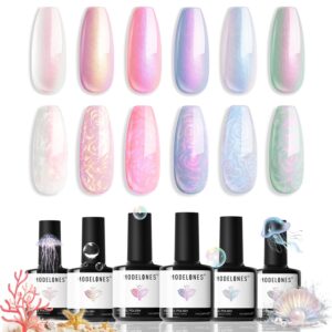 modelones Pearl Gel Nail Polish Set, 6 Colors Aurora Iridescent Shimmer White Pink Purple Mermaid Nail Drawing Glitter Gel Polish Soak Off Led Swirl Shell Thread Effect W Dotting Pen Summer DIY Gift