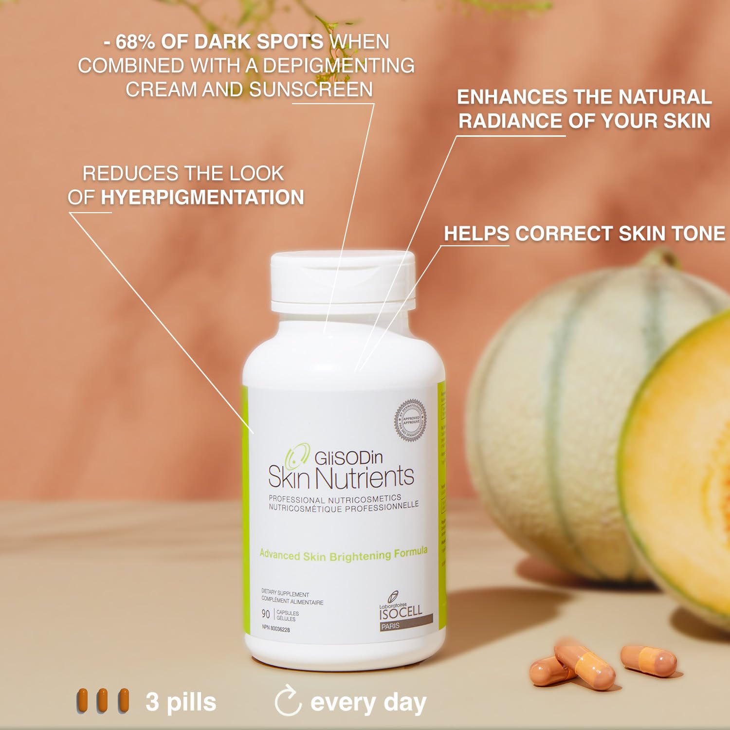 Glisodin Skin Nutrients Advanced Skin Brightening Formula – for Brighter, Clearer, and Firmer Complexion – Helps Reduce Blemishes - 90 Capsules - Image 2