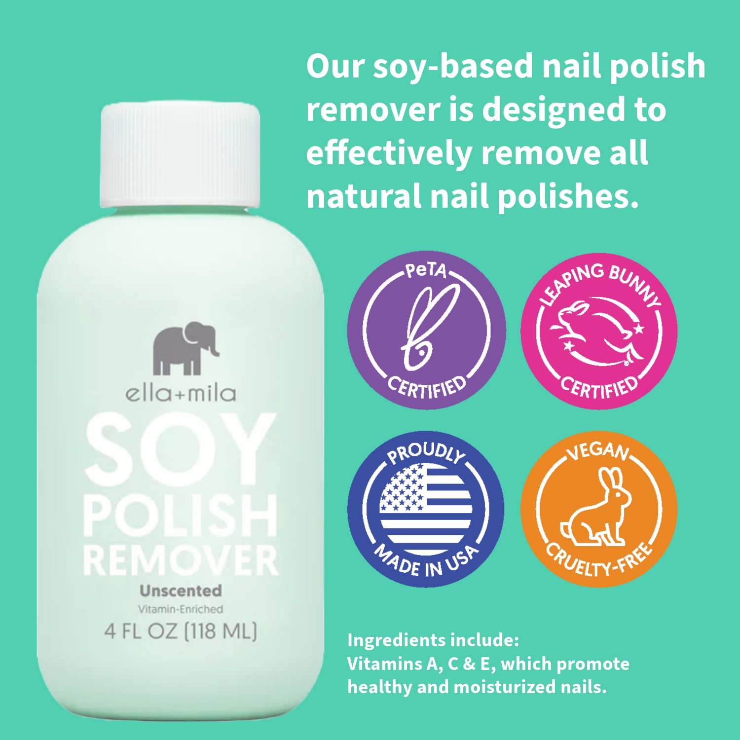 ella+mila Soy Nail Polish Remover Non-Acetone Nail Polish Remover - Non-Toxic Fingernail Polish Remover - For Natural Nail Polishes - Unscented & Enriched With Vitamins A, C & E(4 fl oz) Teal - Image 3