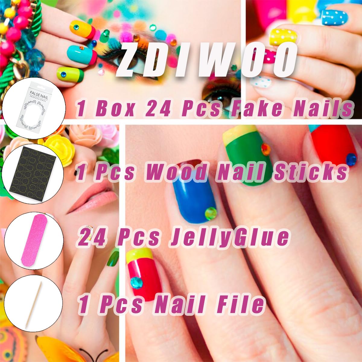 24Pcs Gothic Press on Nails Medium Almond Fake Nails Punk Cartoon Anime Design Black White Full Cover Glue on Nails Horror Gothic Designs French False Nails for Women Girls Acrylic Manicure Decor - Image 6