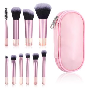 10 Pcs Easy-Taken Travel Makeup Brushes Mini Makeup Brush Set Portable Travel Brush Set with Pack Suitable for Foundation Eye Shadow Lipstick Concealer Highlighting Shadow Contour Blush (Pink)