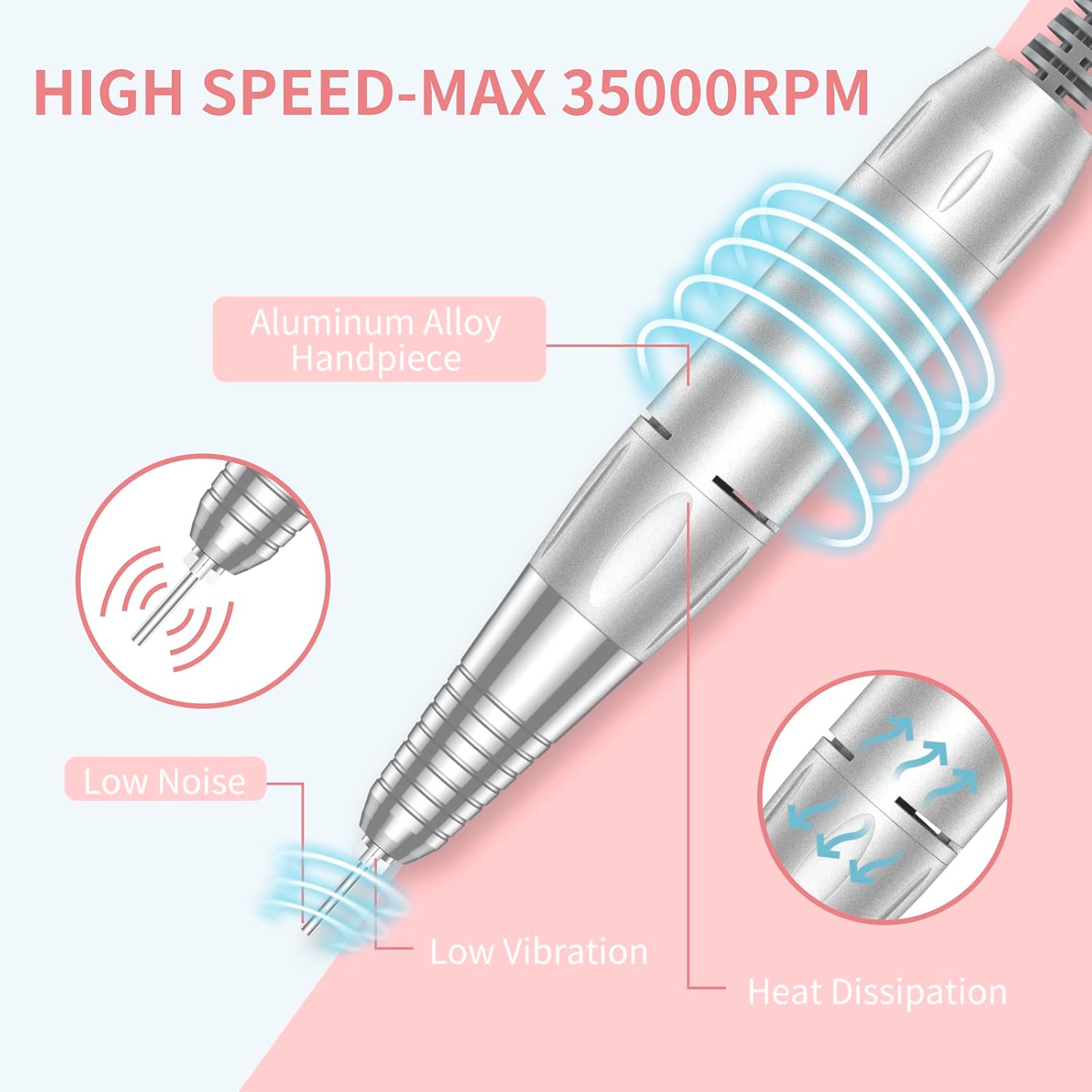 Portable Nail Drill Professional 35000 RPM, MOCOWIND Rechargeable Electric Nail File Machine E File for Acrylic Gel Polishing Removing, Cordless E-file with Bits Kit for Manicure Salon Home,Pink - Image 4