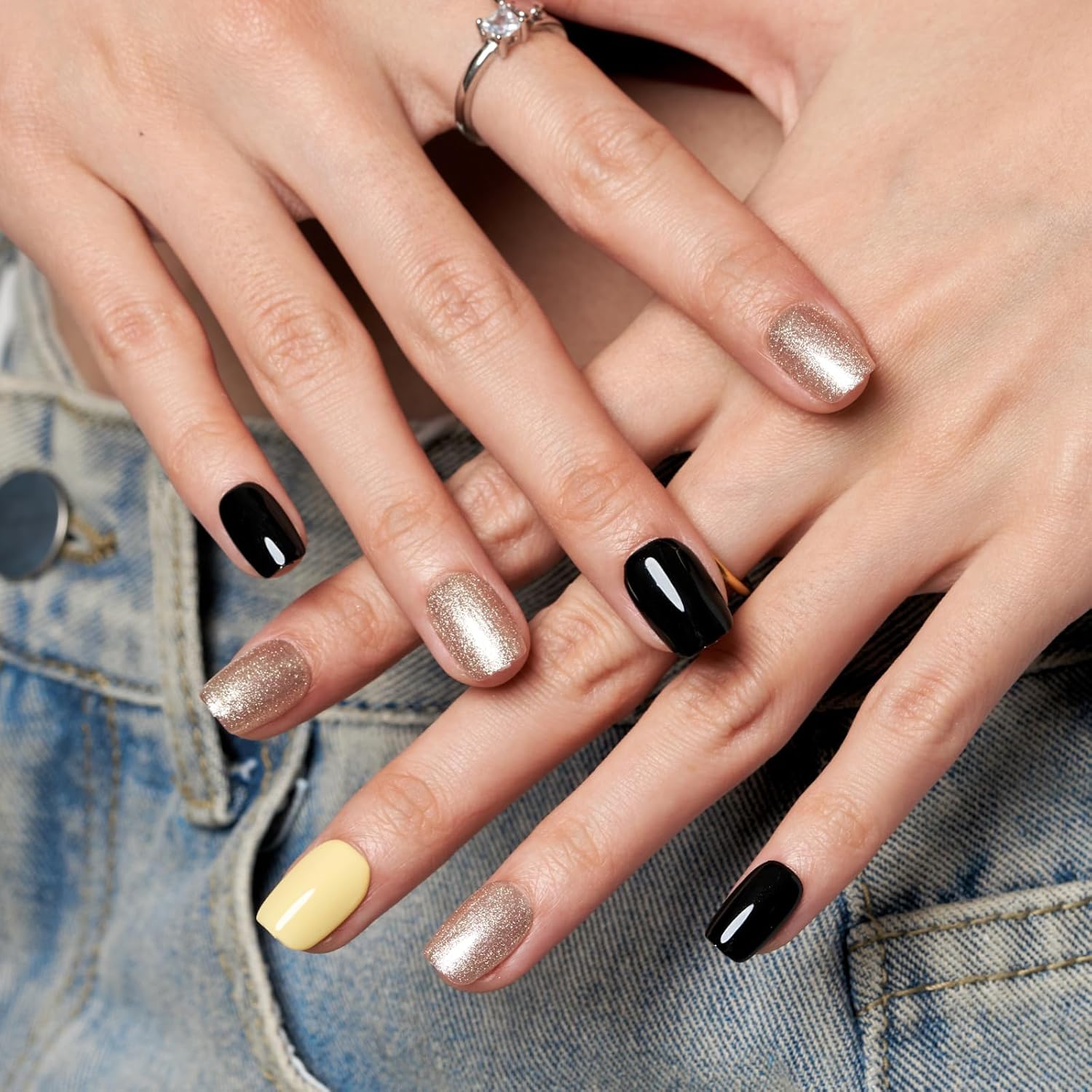 GLAMERMAID Press on Nails Extra Short Square, Fall Glitter Yellow and Black Gel Glue on Nails, Glossy Fake Nails Reusable Acrylic False Nails Manicure Kits for Women - Image 6