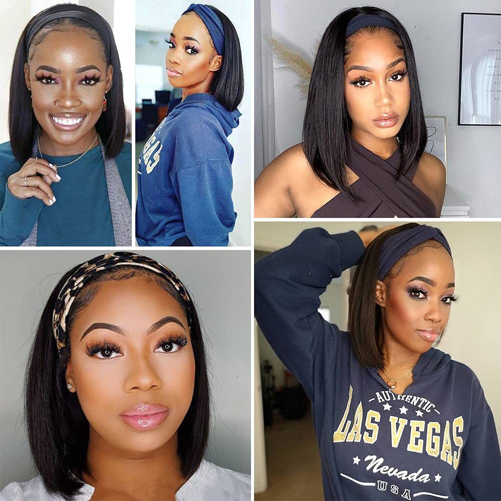 AISI Headband Wigs Human Hair Bob Headband Wigs for Black Women Easy Put On and Go Glueless Wig Short Straight Wigs Machine Made 150% Density No Lace Wig Natural Color(10 Inch) - Image 6