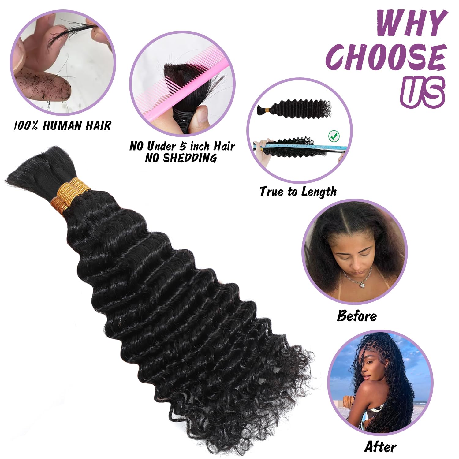 Human Braiding Hair For Boho Braids 120g Deep Wave Bulk Human Hair for Braiding Knotless 12A 100% Unprocessed Brazilian Virgin Hair Extensions Bulk Bohemian 3 Bundles Natural Color 18inch - Image 4