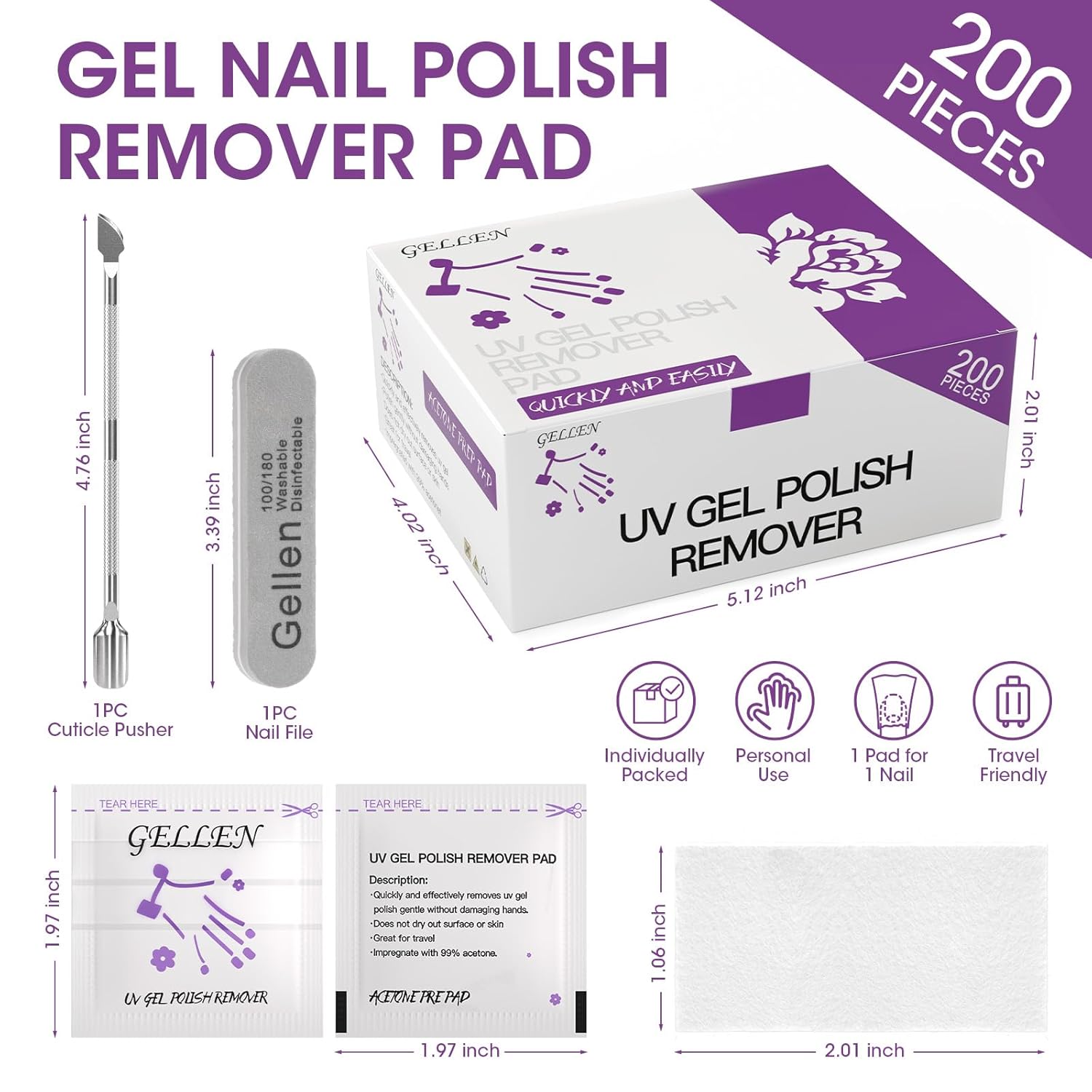 GELLEN Acetone Gel Polish Remover Pads, Professional Nail Polish Remover Pads, 200 Pack Travel Bulk Set with Tools, Individually Wrapped Quick & Effective Soak Off Gel Remover for Salon Home - Image 6