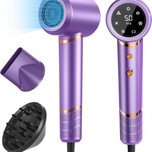 Hair Dryer - 110000 RPM High-Speed Brushless Motor Negative Ionic Blow Dryer for Fast Drying, Low Noise Thermo-Control Hair-Dryer-2 Speed and 3 Heat Settings, Cold Air Button with 1 Diffuser-Purple