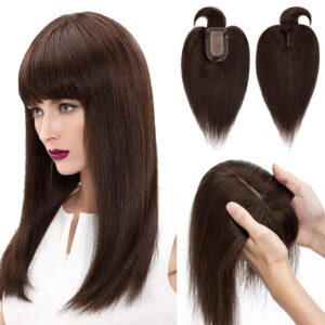 Hairro Human Hair Toppers with Bangs, 3D 360° Cover with 2.8"x5.1" Base, Clips in 100% Real Hairpieces for Women, for Covering Thinning Greyish Hair on Top, 12 Inch Dark Brown